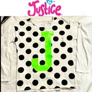 JUSTICE White/Black polka dot Sequin Letter “J” long sleeve top size 16/18 NWT